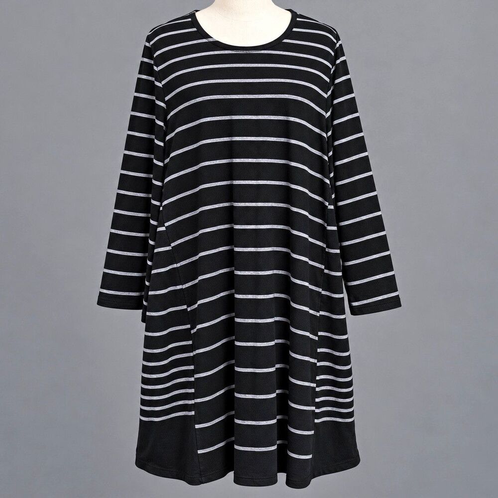 J. Jill Plus 3X Black Gray Striped Knit round Neck T-Shirt Dress Long Sleeve